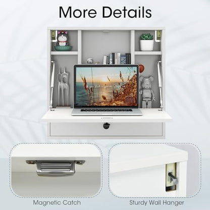 Tangkula Folding Wall Table - Floating Desk with Storage Drawer & Shelves (White) - color: White