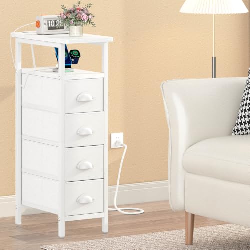 sthmec Nightstand with Charging Station, Narrow Night Stand Set of 2 with 4 Drawers, Skinny Side Table with Fabric Drawers,Slim Sofa Couch Tables for Small Spaces,Living Room,Bedroom, White - color: White, style: Power