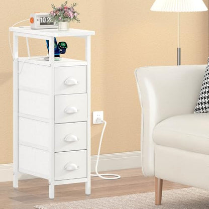 sthmec Nightstand with Charging Station, Narrow Night Stand Set of 2 with 4 Drawers, Skinny Side Table with Fabric Drawers,Slim Sofa Couch Tables for Small Spaces,Living Room,Bedroom, White - color: White, style: Power