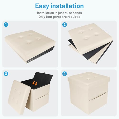 Bsketa Storage Ottoman Bench,15 Inch Folding Leather Foot Rest Stool, Beige | Small Ottoman with Side Pockets, Thicker Foam Padded Seat, Livingroom, Dorm, Bedroom, Easy to install, 30L,15x15x15in - color: Beige-with Side Pockets