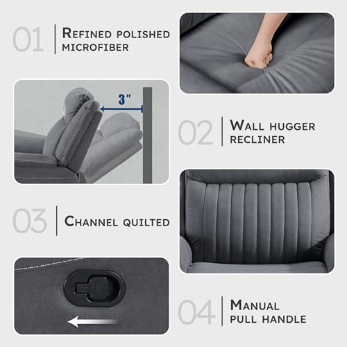 Lexicon Polished Microfiber Wall Hugger Manual Double Reclining Sofa, Gray | 86"W Upholstered 3 Seater Manual Sofa Recliner for Living Room/Apartment, Tool Free Assembly - color: Grey, size: Reclining Sofa