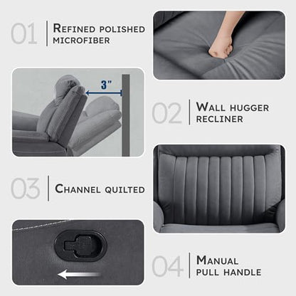 Lexicon Polished Microfiber Wall Hugger Manual Double Reclining Sofa, Gray | 86"W Upholstered 3 Seater Manual Sofa Recliner for Living Room/Apartment, Tool Free Assembly - color: Grey, size: Reclining Sofa