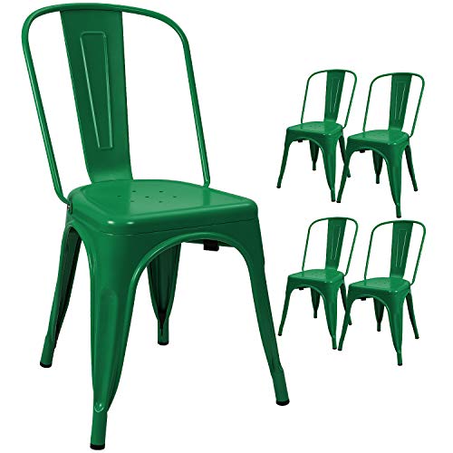 Devoko Metal Indoor-Outdoor Chairs - Distressed Style Kitchen Dining Set of 4 Stackable Side Chairs with Back (Green) - color: Green