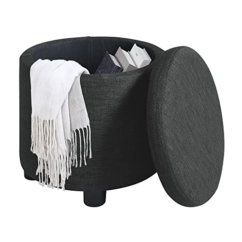 Designs4Comfort Round Accent Storage Ottoman with Reversible Tray Lid - color: Dark Charcoal Gray Fabric