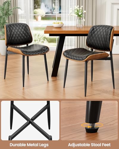 Dining Chairs Set of 2, Mid-Century Modern Upholstered PU Leather Chairs | with Walnut Back and Metal Legs Adjustable Feet for Kitchen Dining Room, Black Diamond Plaid - color: Black Diamond Plaid
