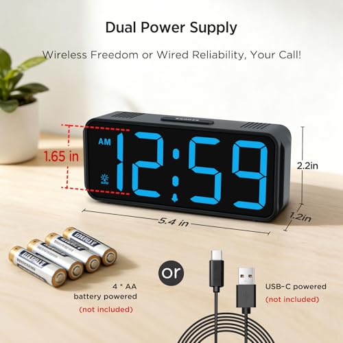 Peakeep Small Digital Alarm Clock Battery Operated for Bedrooms Travel | 1.65" Numbers Large Display Cordless Bedside Clock for Seniors Elderly, Auto Manual Dimmers, 5 Levels Volume - color: Blue Digits