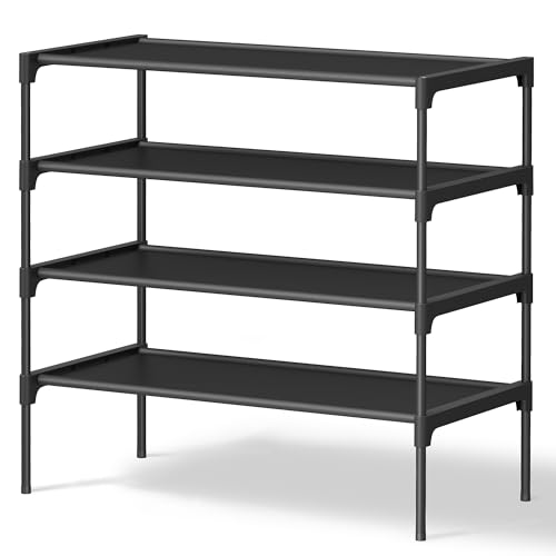 SONGMICS Shoe Rack, Space-Saving, Entryway, Metal Frame | Space-Saving Shoe Storage Organizer, Non-Woven Fabric Shelves, ULSH024BH01 - color: Ink Black, size: 4 Tiers (24.5"W)