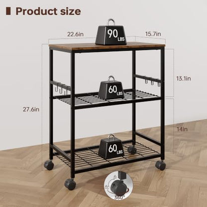 Kitchen Rolling Cart, 3-Tier Microwave Stand with Lockable Wheels, One-Piece Mobile Utility Cart for Kitchen, Coffee Bar, Office,Brown 22.6" x 15.7" x 27.6"