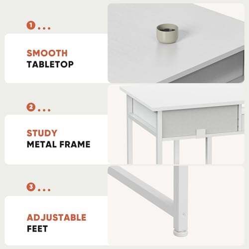 DUMOS 48-Inch Computer Desk with Drawers and Hook, White | Home Office Desk for Bedroom, Gaming Writing Study Desk with Adjustable Feet - color: White, size: 48-In