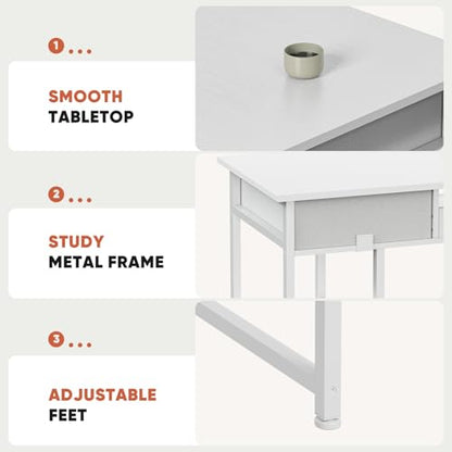 DUMOS 48-Inch Computer Desk with Drawers and Hook, White | Home Office Desk for Bedroom, Gaming Writing Study Desk with Adjustable Feet - color: White, size: 48-In