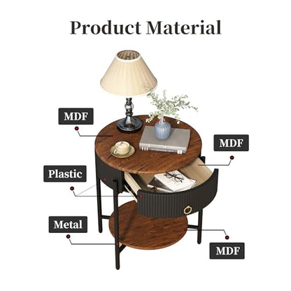 OIOG Wood Grain Side Table with Drawer, 2 Tier End Table, Black and Brown | Round Nightstand, Modern Side table, End Table with Storage, MDF Tabletop ang Shelf, For Living Room, Bedroom, Office, Dorm - color: Black