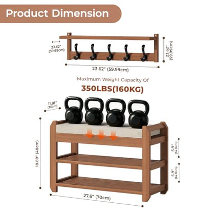 27.6" Bamboo Shoe Bench with Cushion, 5 Hooks Coat Rack, 2-Tier Storage Bench for Entryway, Heavy Duty Shoe Rack Organizer with Removable Soft Cushion for Living Room Bedroom Hallway - size: 27.6" 2-Tier