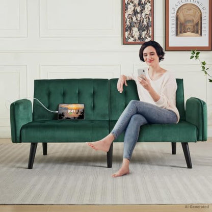 65'' Convertible Futon Sofa Bed with USB, Small Couch for Living Room | Sleeper Sofa and Loveseat, Adjustable Folding Couch with Tufted Design and 2 USB Ports, Bedroom Apartment Office, Green - color: Green