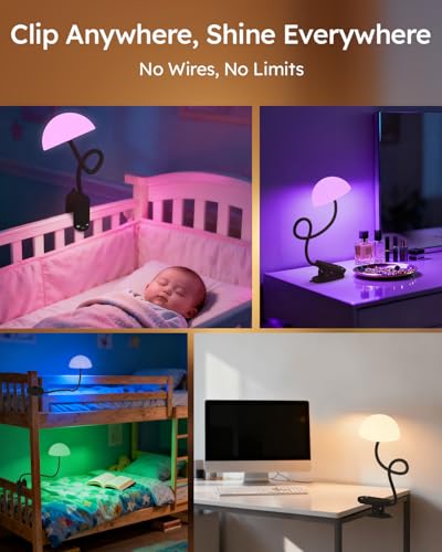 Cordless Clip On Lamp, Touch Control Desk Lamp with RGB Ambient Mode & 3000K–6000K, Rechargeable Dimmable Book Reading Light with Flexible Arm Sturdy Clamp On Table Bedside Headboard, Battery Operated - color: Black