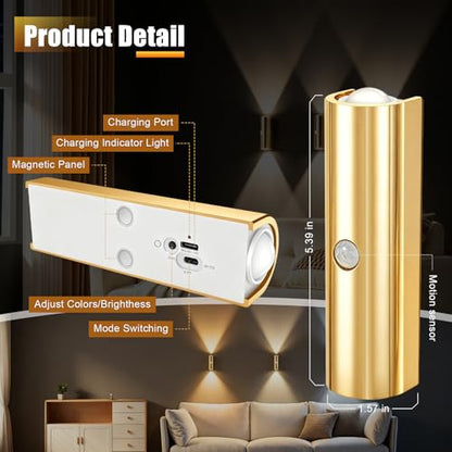 2 Pack Motion Sensor Wall Light, Rechargeable Wall Sconces | Wall Sconces Battery Operated with 3 Colors & Dimmable, Magnetic Wireless Wall Sconces for Stair Bedroom Hallway (Gold) - color: Glod