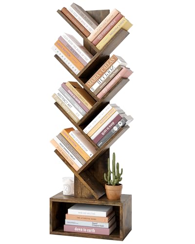 Hoctieon 6 Tier Tree Bookshelf, Tall Bookcase with Drawer, Freestanding Book Shelf, Display Floor Standing Storage Shelf, Book Organizer Shelves for Home Office, Rustic Brown - color: Rustic Brown, size: 6 Tier