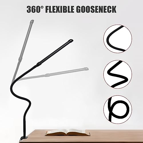 Metal LED Desk Lamp with Clamp, 12W USB Powered Desk Light, 18" Flexible Gooseneck, 3 Color Modes, 10 Brightness Levels, Eye-Caring Lamp for Study, Reading, Work, Home Office, Black