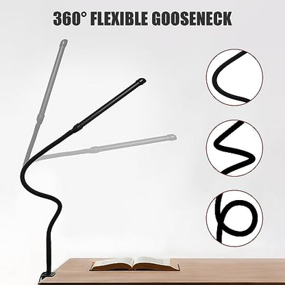 Metal LED Desk Lamp with Clamp, 12W USB Powered Desk Light, 18" Flexible Gooseneck, 3 Color Modes, 10 Brightness Levels, Eye-Caring Lamp for Study, Reading, Work, Home Office, Black