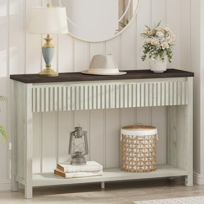 47In Entryway Table with Drawers, Sofa Tables with Storage | Console Tables for Entryway, Two-Tier Narrow Hallway Tables, Modern Fluted Panel, Walnut and Washed Grey Oak - color: Walnut and Washed Grey