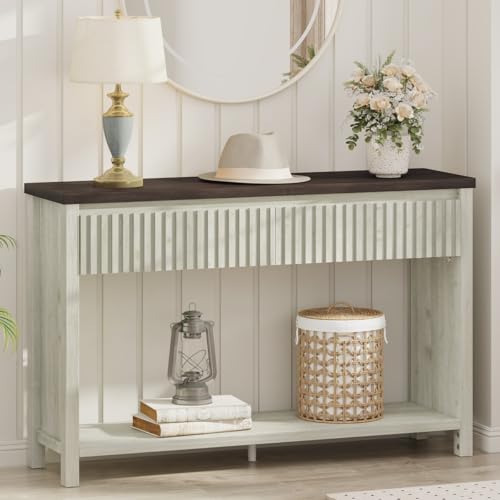 47In Entryway Table with Drawers, Sofa Tables with Storage | Console Tables for Entryway, Two-Tier Narrow Hallway Tables, Modern Fluted Panel, Walnut and Washed Grey Oak - color: Walnut and Washed Grey