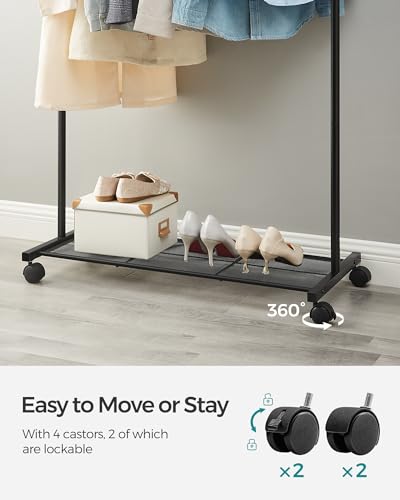 SONGMICS Clothes Rack with Wheels, Clothing Rack for Hanging Clothes, 25.4 mm Metal Garment Rack with Dense Mesh Storage Shelf, 110 lb Load Capacity, 2 Brakes, Black UHSR25BK - color: Black, style: Single Rod