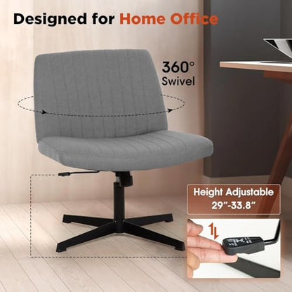 Criss Cross Chair, Armless Cross Legged Office Chair, Comfortable Vanity Chair with Back, Fabric Adjustable Wide Swivel Criss Cross Desk Chair for Home Office, Grey - color: Grey