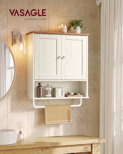 VASAGLE SIREN Collection Bathroom Wall Cabinet, Hanging Storage | Bathroom storage cabinet, with towel rod, farmhouse, adjustable shelf, and doors, 7.9 x 20 x 23.6 Inches UBBK149WJ01S
