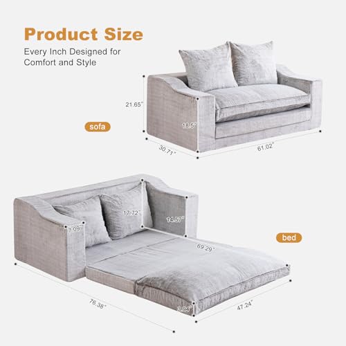 61" Boneless Loveseat Sleeper, Folding Sofa Bed, Faux Fur Cover, Dove Grey | Memory Foam Pull Out Futon Bed with Removable Washable Cover, Space-Saving Fold Out Couch for Living Room & Guest Room - color: Dove Grey