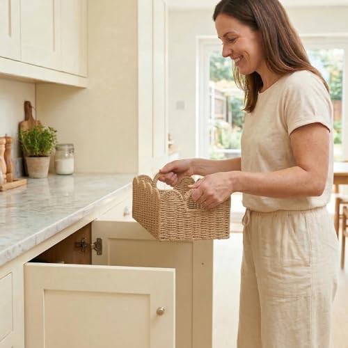 Scalloped Wicker Baskets Set of 3, Hand-Woven Storage with Handles | set of 3 tan scalloped baskets with handles. Hand-woven paper rope for shelves, bathroom or closet. Stackable, sturdy. - color: Tan