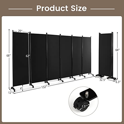 NAFORT 6 Panel Folding Room Divider for Room Separation, Freestanding Privacy Screen with Lockable Universal Wheels, Fabric Wall Partition Screen for Living Room, Bedroom, Office, Black - color: Black