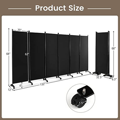 NAFORT 6 Panel Folding Room Divider for Room Separation, Freestanding Privacy Screen with Lockable Universal Wheels, Fabric Wall Partition Screen for Living Room, Bedroom, Office, Black - color: Black