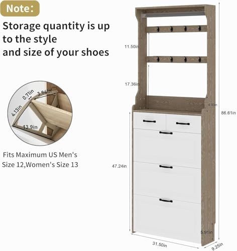 Resenko's Slim Shoe Storage Cabinet with 8 Hooks, Hidden Rack & 5 Drawers for Entryway, Hallway - color: White & Oak