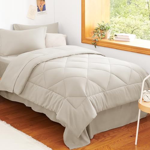 Twin Comforter Set with Sheets Beige - 5 Pieces Bed in a Bag | OEKO-TEX Certified, All Season, Teen, Single, Dorm, 240GSM Down-Alternative Comforter, Sheets, Pillowcase & Sham, Easy Care - color: Beige, size: Twin