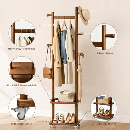 Small Clothes Rack Solid Wood Coat Rack Freestanding with Wheels | Space Saving, Stable 5 Hooks 2 Shelves Coat Tree, Silent 360 Degree Wheels, Heavy Duty 150 lb Capacity for Entryway Bedroom - color: Walnut Brown, size: S: 15.7" x W: 11.8" x H: 70" (With