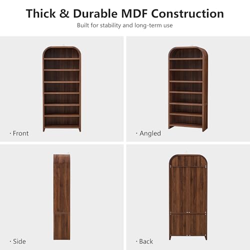 LEVNARY 70" Tall Arched Bookcase, 7-Tier Freestanding Storage Cabinet with Adjustable Shelves, Thick MDF Bookshelf for Bathroom Living Room Bedroom (Walnut) - color: Walnut