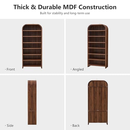 LEVNARY 70" Tall Arched Bookcase, 7-Tier Freestanding Storage Cabinet with Adjustable Shelves, Thick MDF Bookshelf for Bathroom Living Room Bedroom (Walnut) - color: Walnut