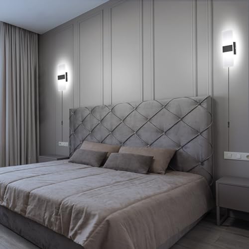 TRLIFE Wall Sconce Plug in, Modern Wall Sconces 12W LED Wall Sconce 6000K Cool White Acrylic Wall Mounted Light Wall Lights with 6FT Plug in Cord and On/Off Switch on The Cord(2 Pack, Black) - color: Black-6000K Cool White, size: 2 Pack