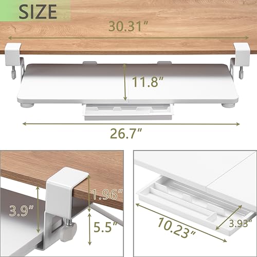 ETHU Keyboard Tray Under Desk, 26.77" X 11.81" Large Size Keyboard Tray with C Clamp-on Mount Easy to Install, Computer Keyboard Stand, Ergonomic Keyboard Tray for Home and Office(White) - color: White