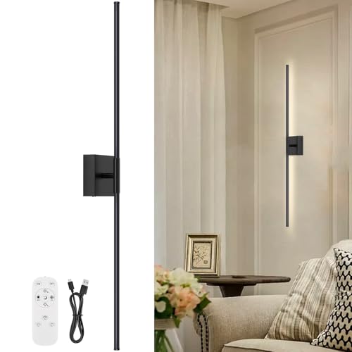 Battery Operated Wall Sconce, 3000K-6000K Dimmable Black Wall Lights with Remote Control, Timable LED Wireless Wall Sconces, 350° Ratate for Bathroom, Living Room, Hallway 39.4 Inch 1 Pack - color: Black, size: 39.4in(1 Pack)