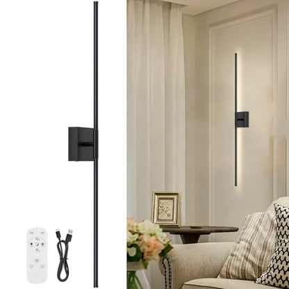 Battery Operated Wall Sconce, 3000K-6000K Dimmable Black Wall Lights with Remote Control, Timable LED Wireless Wall Sconces, 350° Ratate for Bathroom, Living Room, Hallway 39.4 Inch 1 Pack - color: Black, size: 39.4in(1 Pack)