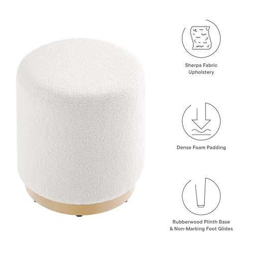 Modway Tilden 16 Inch Round Soft Sherpa Fabric Upholstered Ottoman in Ivory Natural - Small Ottoman Foot Rest with Rubberwood Plinth Base - Living Room Ottoman Side Table - Sherpa Ottoman Footstool - color: Ivory Natural