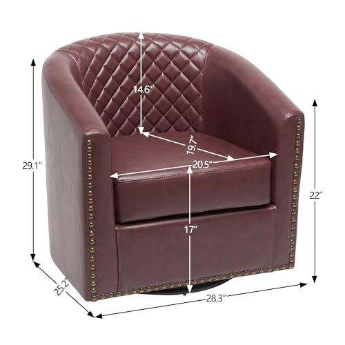 KINWELL 29" W Faux Leather Tufted PU Swivel Barrel Accent Chair, Red | No Assembly Vegan Leather Upholstered Swivel Club Chair with Nailhead Trim, Modern Armchair for Small Spaces Apartment - color: Red, style: Set of 1
