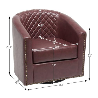 KINWELL 29" W Faux Leather Tufted PU Swivel Barrel Accent Chair, Red | No Assembly Vegan Leather Upholstered Swivel Club Chair with Nailhead Trim, Modern Armchair for Small Spaces Apartment - color: Red, style: Set of 1