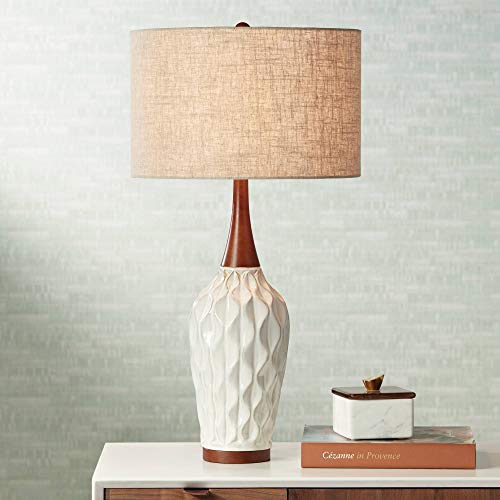 Rocco 30" Large Table Lamp White Ceramic Wooden Geometric Wave Oak | Mid-Century Neck Mid Century Modern Cottage Living Room Bedroom House Bedside Nightstand Home Office Tan Drum Shade - color: White Ceramic