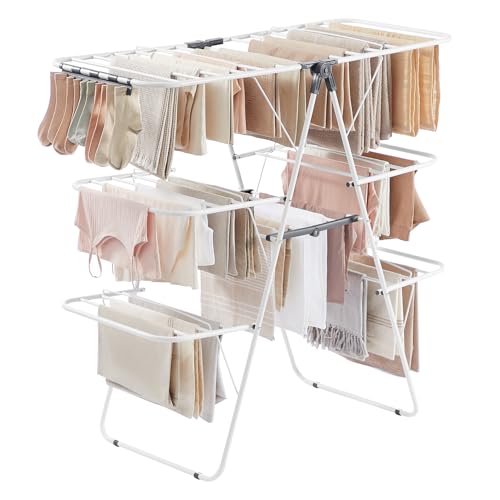 SONGMICS Clothes Drying Rack, Foldable 3-Level Laundry Rack, Free-Standing Large Drying Rack, with Height-Adjustable Wings, 39 Drying Rails, Sock Clips, White and Gray ULLR054W01 | Large Free-Standing Laundry Rack, Height-Adjustable Wings, White and Gray,