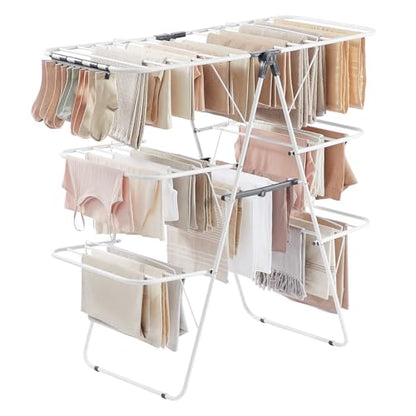SONGMICS Clothes Drying Rack, Foldable 3-Level Laundry Rack, Free-Standing Large Drying Rack, with Height-Adjustable Wings, 39 Drying Rails, Sock Clips, White and Gray ULLR054W01 | Large Free-Standing Laundry Rack, Height-Adjustable Wings, White and Gray,