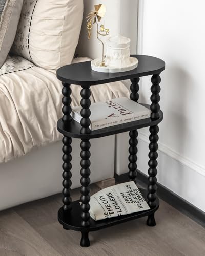 3-Tier Narrow Side Table, Slim End Table for Small Spaces | Skinny wooden side table with shelf storage. Ideal as living room accent or bedroom nightstand.Easy assembly, space-saving - color: Black