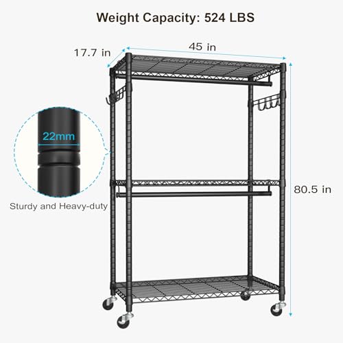 P1 Plus Rolling Clothes Rack, Heavy Duty Portable Closet Wardrobe | Freestanding Garment Clothing Rack with Wheels and Double Rods, 45"W x 17.7"D x 80.5"H, Max Load 524lbs, Black - color: Black, size: P1 Plus