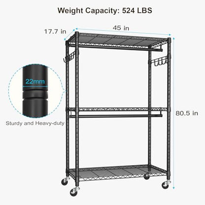 P1 Plus Rolling Clothes Rack, Heavy Duty Portable Closet Wardrobe | Freestanding Garment Clothing Rack with Wheels and Double Rods, 45"W x 17.7"D x 80.5"H, Max Load 524lbs, Black - color: Black, size: P1 Plus