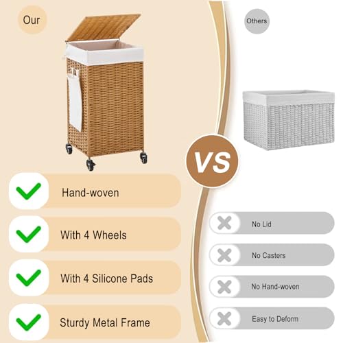 Handwoven Hamper with Lid, Laundry Basket with Wheels, Machine Washable Liner, Clothes Hamper for Bathroom Laundry Room Bedroom(Rattan, 78L) - color: Rattan/With Lid/78L